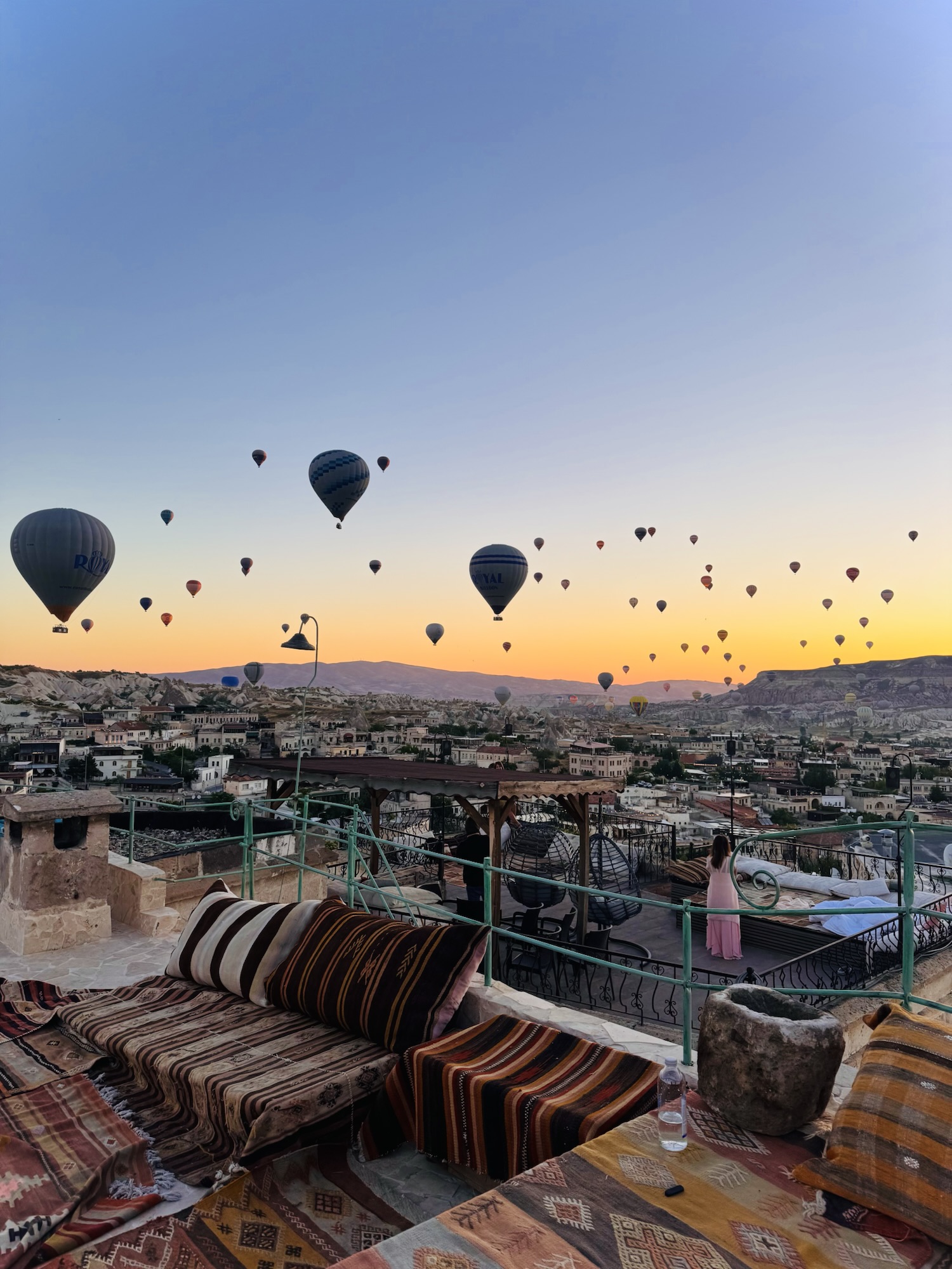 Hot air balloons at sunrise in Cappadocia, Turkey.