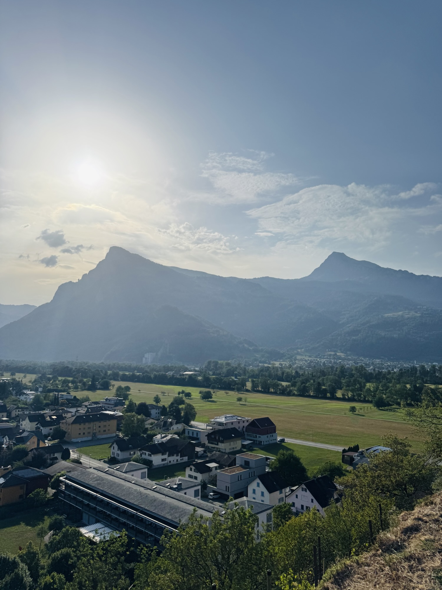 View from Gutenberg Castle in Balzers, Liechtenstein when the sun is setting over the mountains