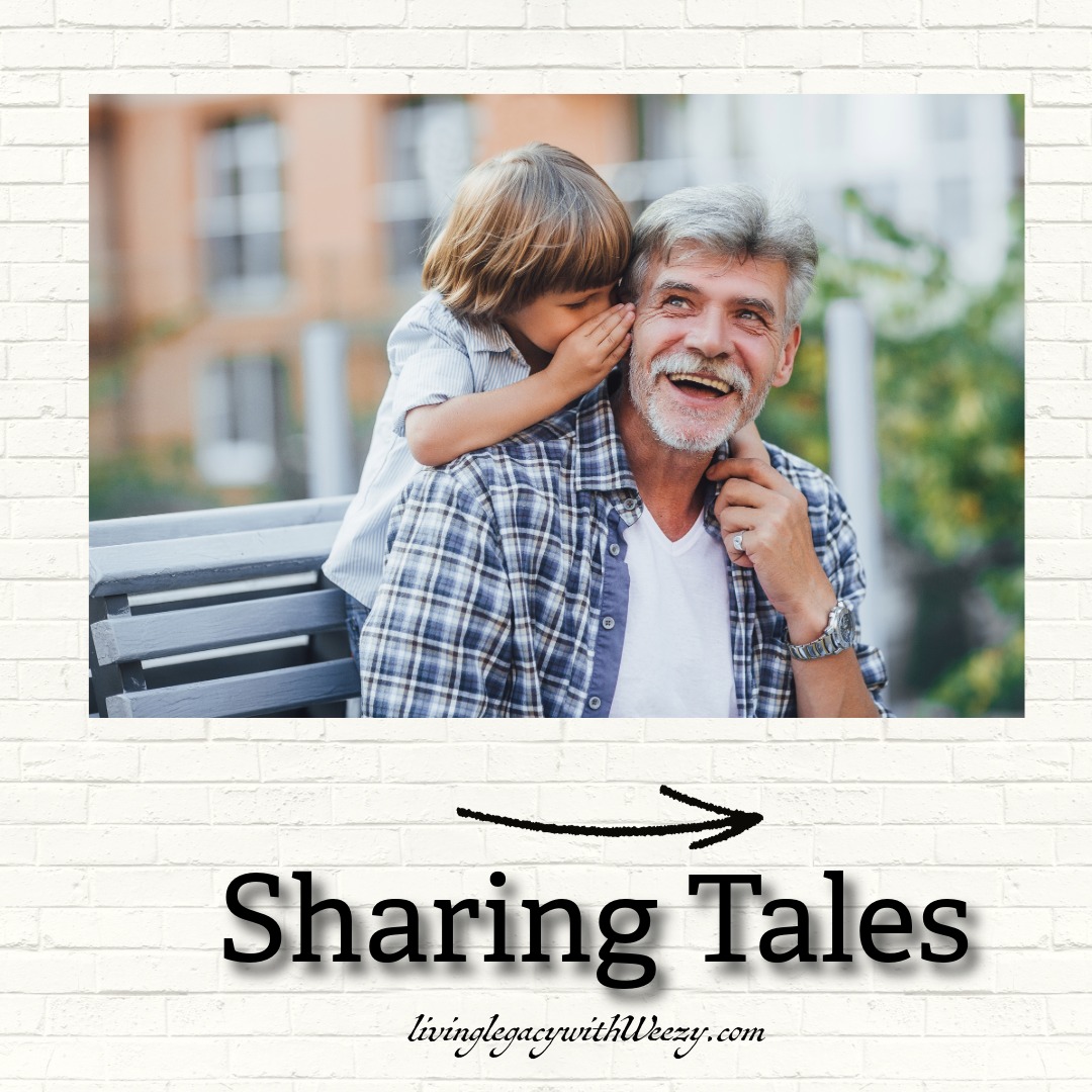 A small young boy whispering into a older man ear on a park bench. This is example of a grandchild sharing a secret story with a grandfather