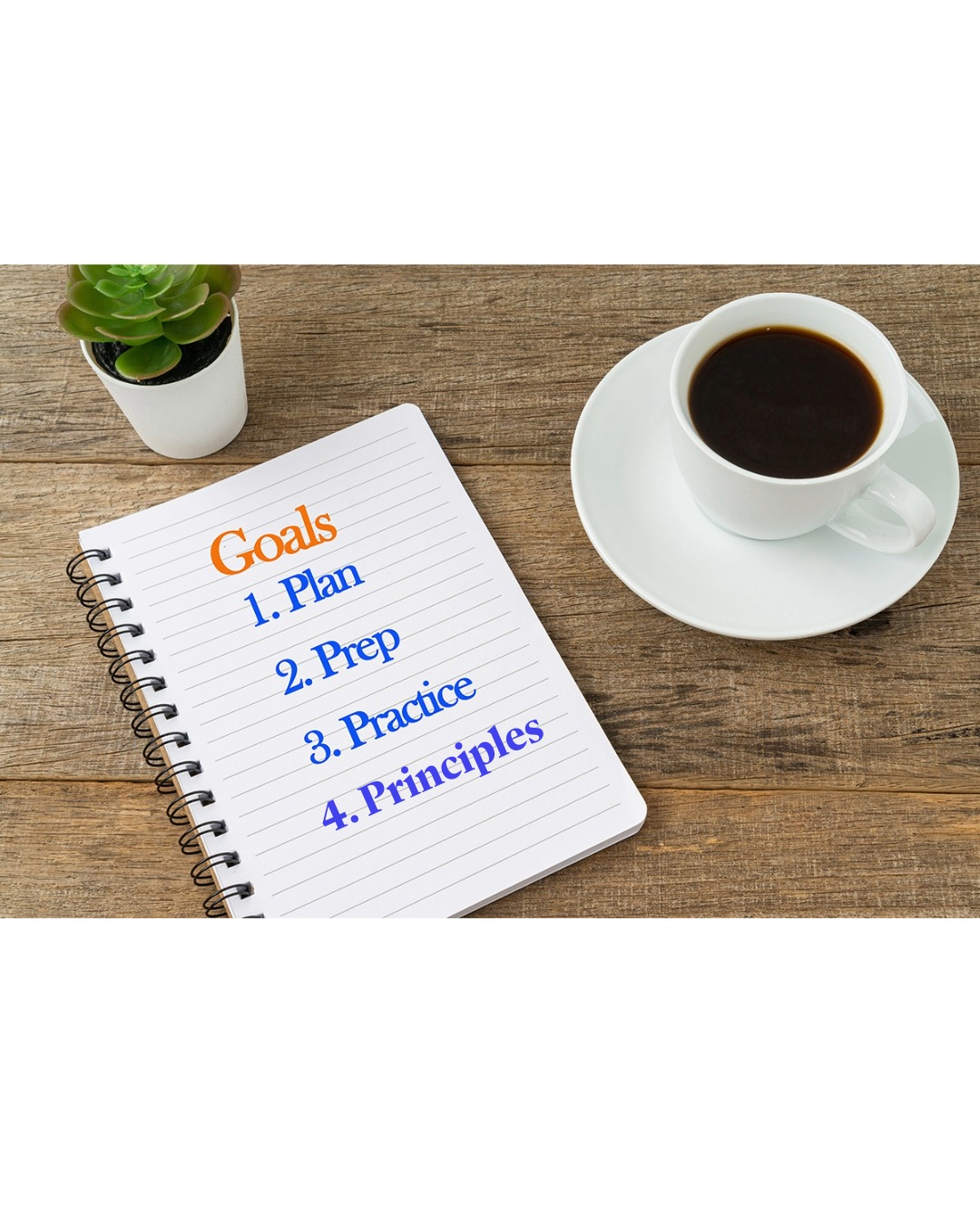 Writing Plan, Prep, Practice and Principles of 4 P concept on a notebook sitting on a desk with Coffee.