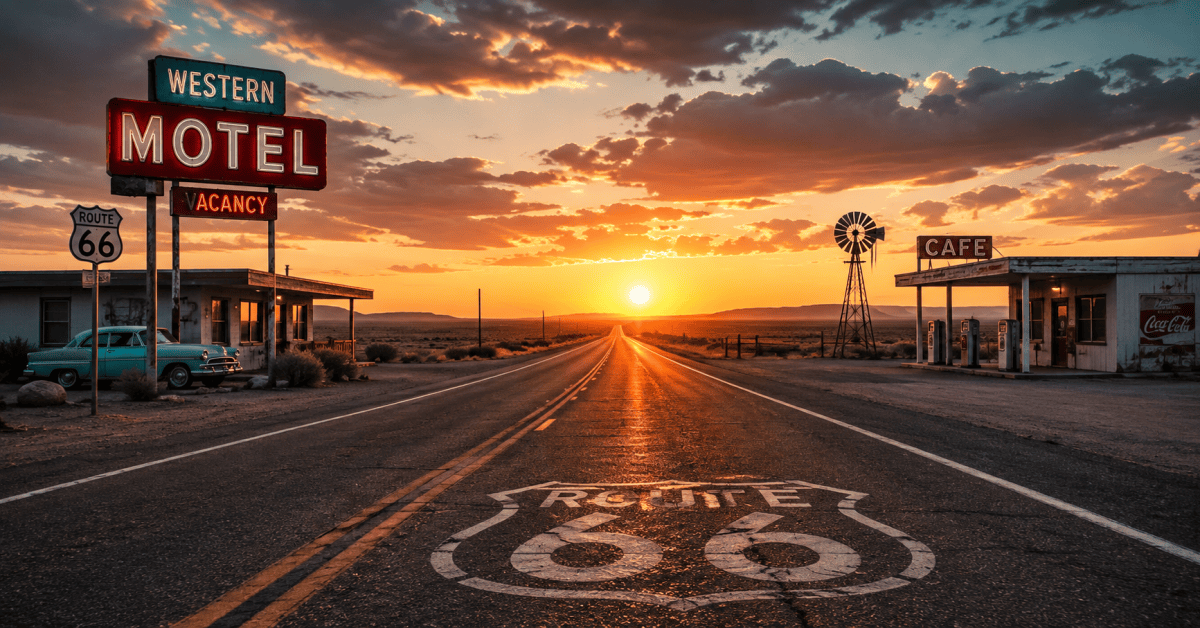 Historic Route 66 highway at sunset with vintage motel and roadside attractions