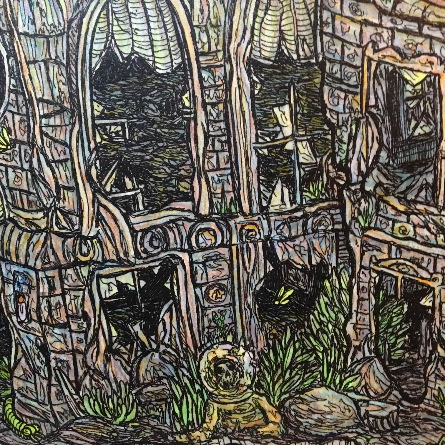 Detail of Theo Ellsworth's woodcut of Mord