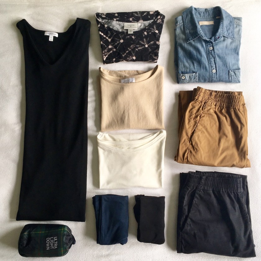 A flatlay of a travel capsule, with 10 pieces of clothing neatly folded on a white surface.