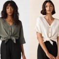 Two different women models, one Black, one brown, wear two different shirts, which are both tied at the front. One has longer sleeves than the other.