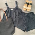 A tote bag, tank top, and shorts (all black) along with a pair of minimalist sandals on a gray background.