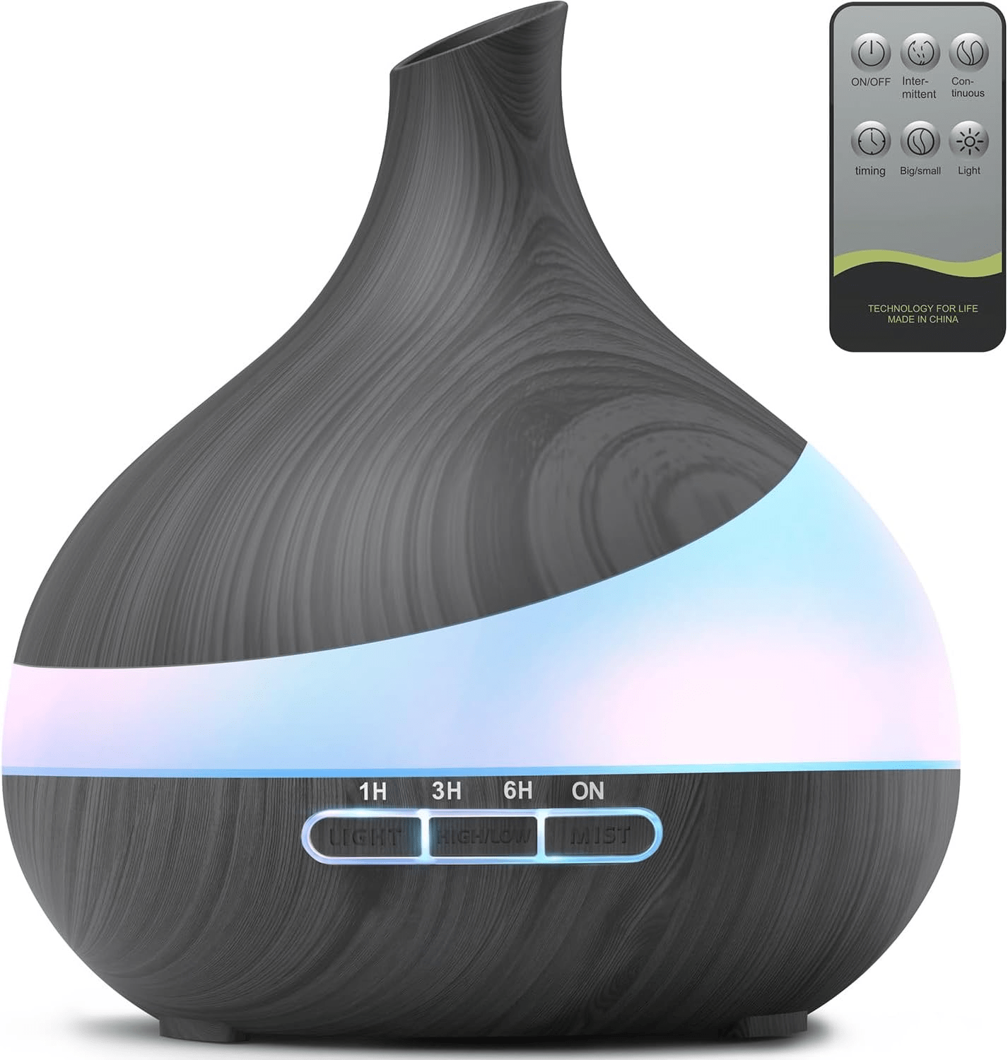 A modern essential oil diffuser in a teardrop shape with a wooden texture and soft, multicolored LED lights, alongside its control panel showing timing and mist options.