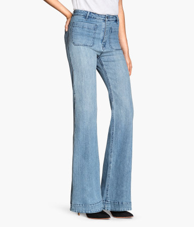 Ladies, the flare is back for the modern girl: These figure flattering Wide Leg Jeans are great for apple, pear, or hourglass shaped bodies. They look fabulous with a bohemian style top and wedges for a leg lengthening finish. Find this pair at H&M for $29.95 http://bit.ly/1JIA6X8