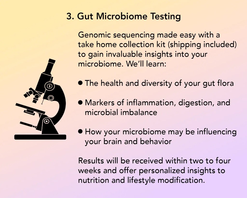 Illustration of a microscope symbolizing gut microbiome testing, with bullet points outlining key insights into gut health and its effect on brain and behavior.