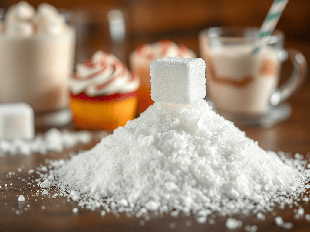 A close-up of a sugar cube placed on top of a mound of powdered sugar, with cupcakes and sweet beverages in the blurred background.