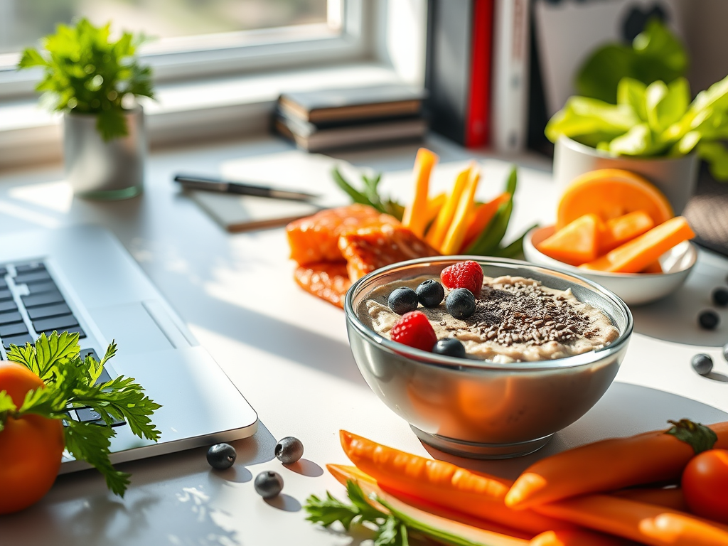 A bowl of oatmeal topped with berries and seeds on a desk with a laptop, books, and various healthy snacks.