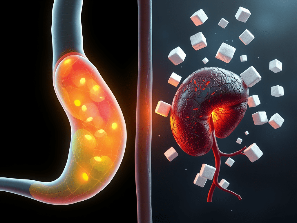 On the left, illustrate a glowing, healthy pancreas with vibrant colors to symbolize optimal function. On the right, portray a darkened or inflamed pancreas, struggling to process glucose, with floating sugar cubes around it representing excess sugar in the bloodstream.