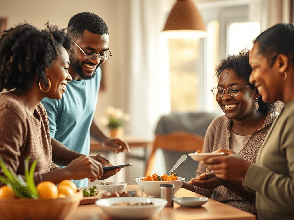 Four people sitting around a dining table, enjoying a meal together.