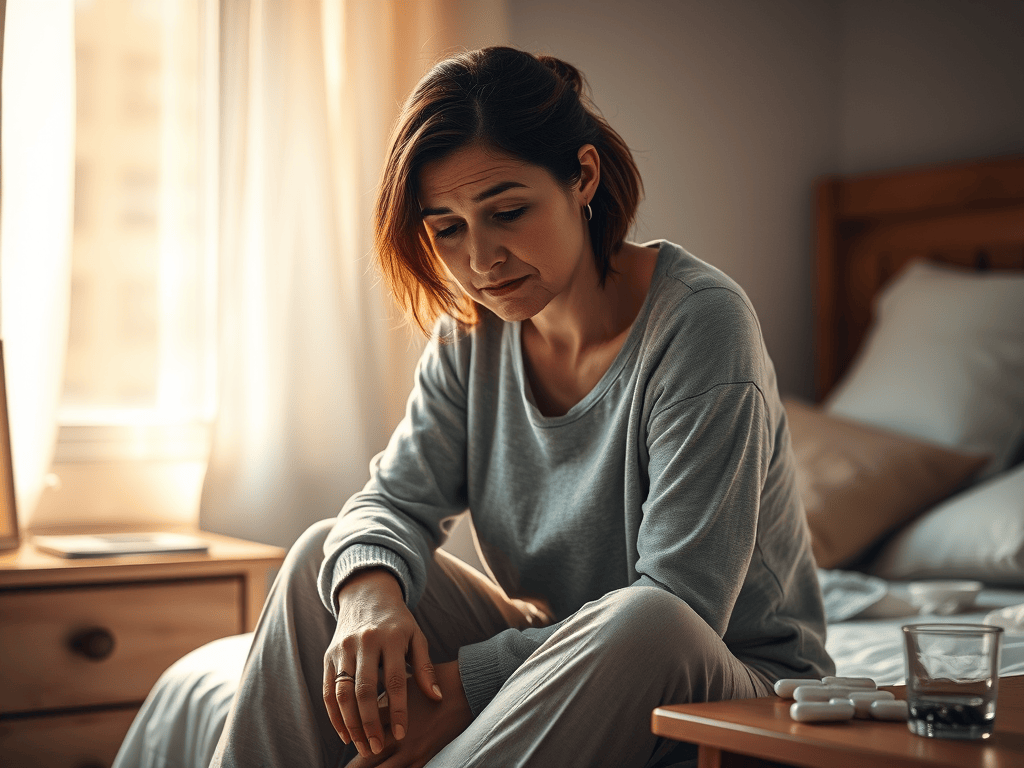 A person sitting on a bed in a dimly lit room, with a glass of water and pills on the bedside table.