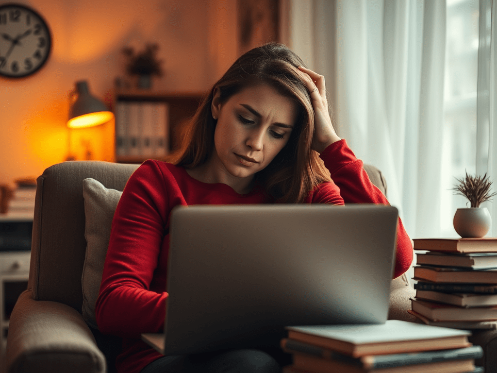 image of a woman in a cozy, dimly lit room. She is wearing a red long-sleeve shirt and is sitting on a comfortable chair, leaning tiredly against her laptop, suggesting sleep deprivation. The warm light filtering through a window casts soft shadows, enhancing the feeling of fatigue. The background should be softly blurred to maintain a sharp focus on her expression of exhaustion.