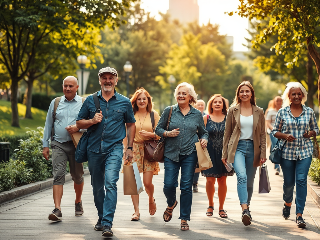 Image depicting a diverse group of people enjoying a leisurely walk in an urban setting. The scene featuring individuals of different ages and backgrounds, some carrying shopping bags or casually chatting.