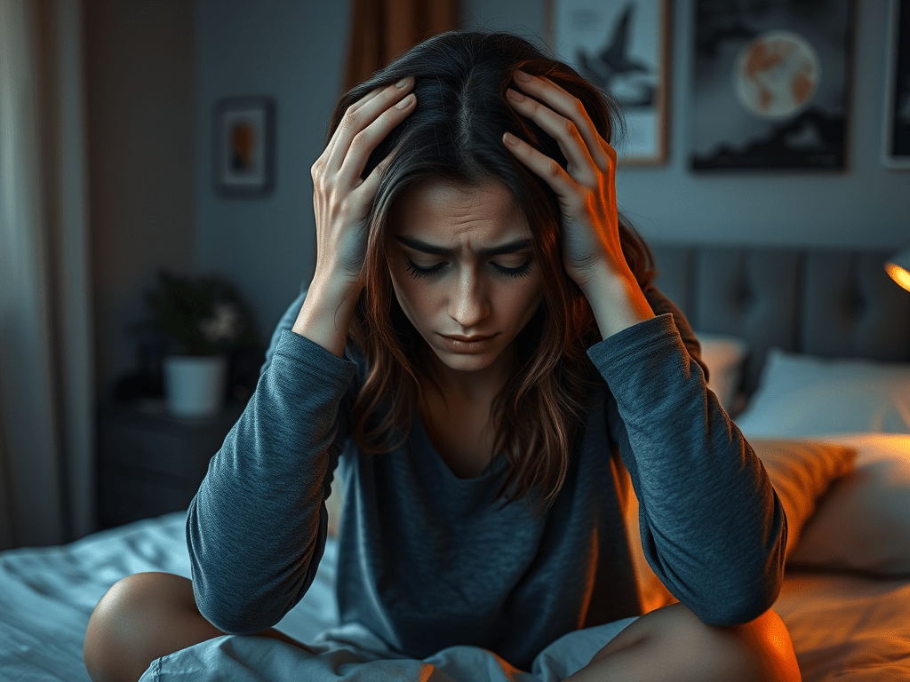 a woman in a gray shirt, sitting on her bed with her head held in her hands, looking exhausted and overwhelmed. The bedroom should have a dimly lit, serene atmosphere that suggests a lack of restful sleep, with subtle decor elements highlighting a cozy yet slightly chaotic environment. The focus is on the woman’s expression of fatigue, capturing the essence of waking up tired despite a full night’s sleep.