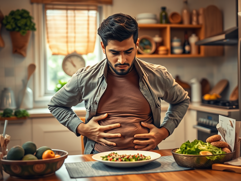 image of a young man (Karthik, 31) sitting at a kitchen table, looking frustrated while holding his bloated stomach. with an organized kitchen filled with “healthy” foods like broccoli, raw salads, and multigrain breads in the background, to emphasize his struggle with diet.