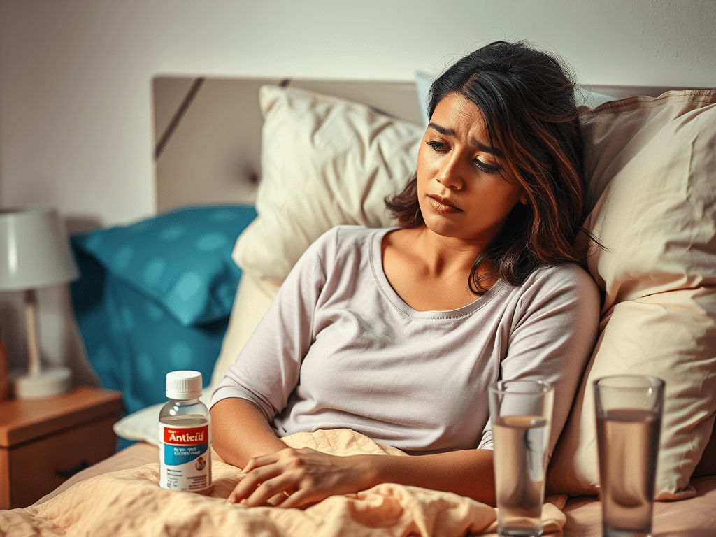 image of a woman in her 30s, sitting on a bed with multiple pillows propped behind her, looking distressed due to heartburn.