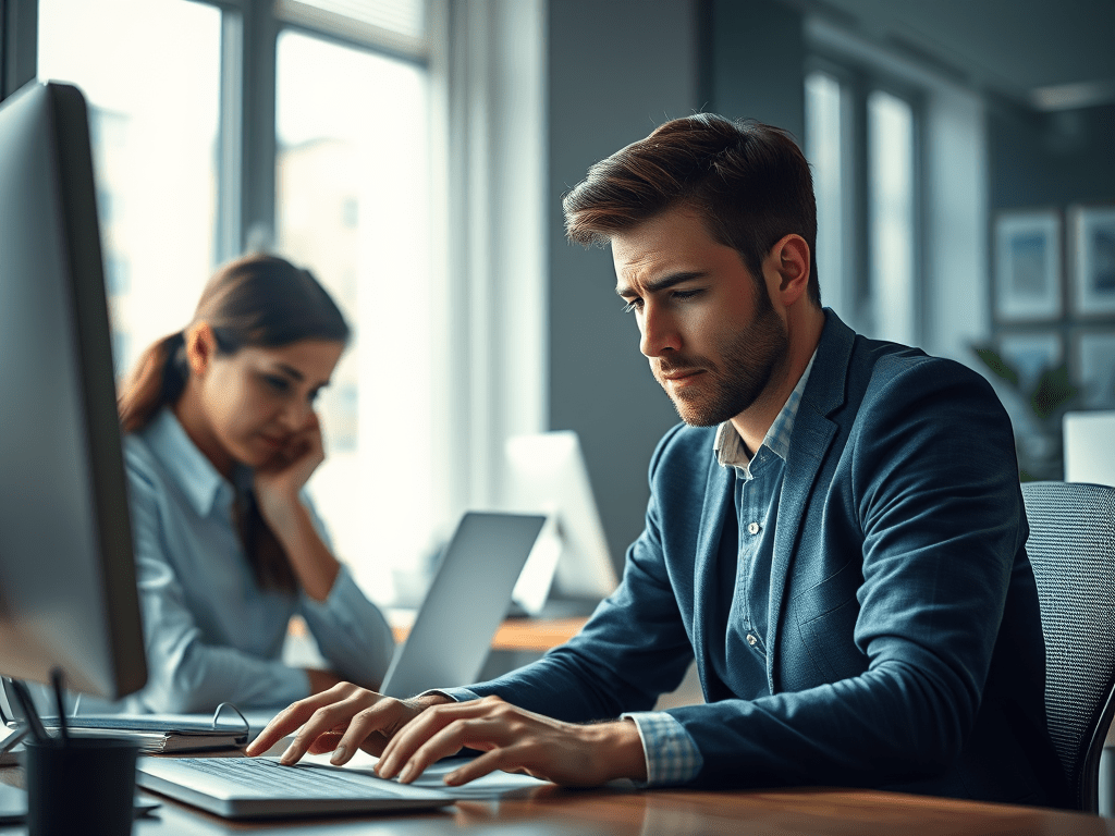 Realistic image of a tired man and woman working at desks in a modern office, showing visible signs of fatigue with soft daylight streaming through a window.
