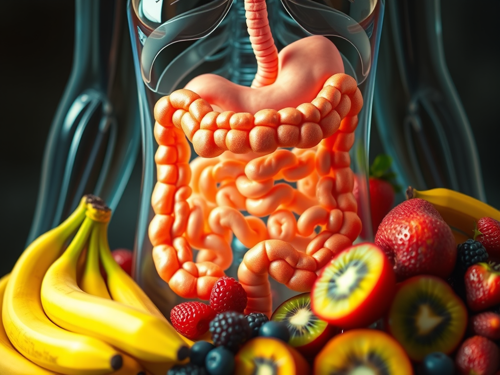 well-illustrated human gut, surrounded by a variety of fresh, colorful fruits symbolizing gut health, like bananas, berries, and kiwis. The gut should be depicted as the central focus, with fruits artistically arranged around it to represent nutrition's role in gut health.