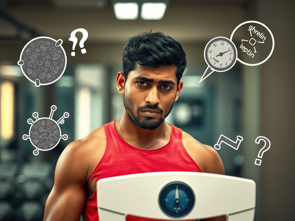 Image of a man while looking at a weighing scale, capturing his confusion and frustration. The background should depict a gym setting with soft, natural lighting to evoke a sense of struggle and realism. Incorporate subtle elements that symbolize hormones, like illustrations of ghrelin and leptin, subtly integrated into the scene.