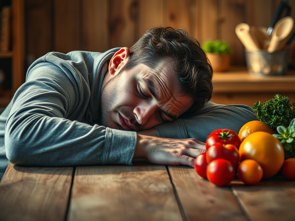 image that captures the essence of nutritional deficiencies affecting stamina. The main subject should be a tired man resting on a wooden table, symbolizing fatigue from lack of nutrients.