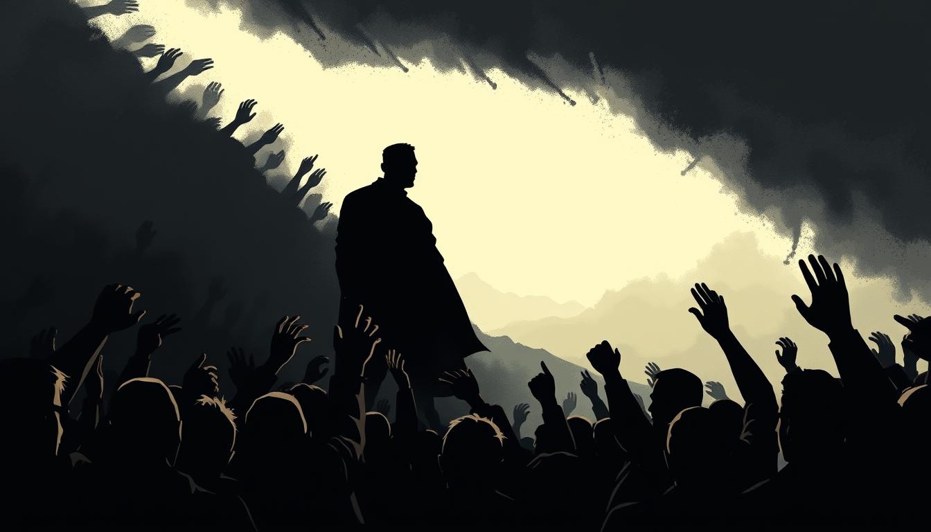 A dynamic, shadowy scene of swirling controversies and critical voices. In the foreground, a swarm of silhouetted figures gesticulate animatedly, their hands raised in heated debate. A harsh, dramatic spotlight illuminates their passionate expressions, creating a moody, charged atmosphere. In the middle ground, a towering figure stands resolute, weathering the storm of criticism, their face obscured by the dramatic backlighting. The background is a hazy, uncertain landscape, hinted at through the shifting shadows, suggesting an environment of uncertainty and unrest. The overall composition conveys a sense of intensity, controversy, and the weight of public scrutiny.