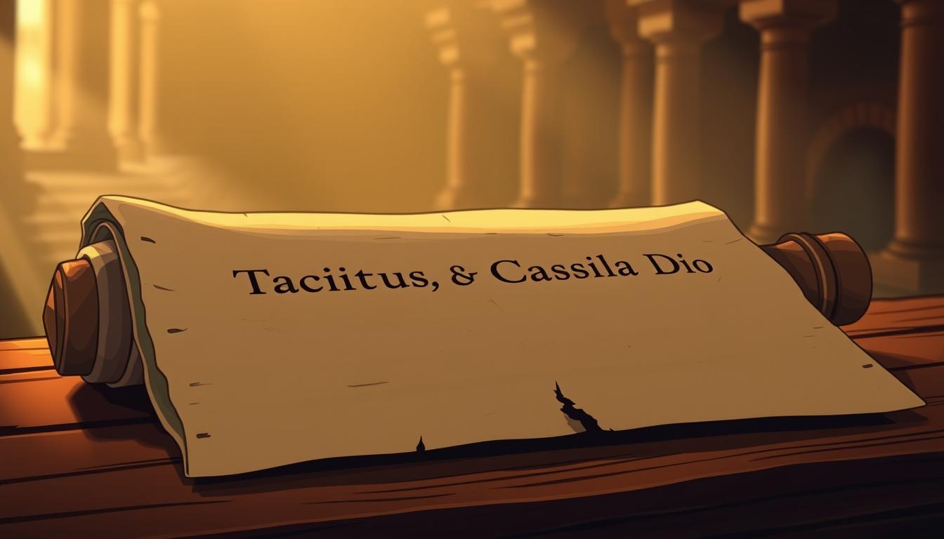 An ancient Roman scroll on a wooden table, illuminated by soft, warm lighting. In the foreground, the names "Tacitus, Cassius Dio" are etched into the parchment, denoting the primary historical sources for the story of Boudicca. The background is hazy, suggesting the mists of time, with subtle hints of the Roman Empire's architecture visible. The composition evokes a scholarly, historical atmosphere, inviting the viewer to delve into the sources that chronicle the rebellious queen's story.