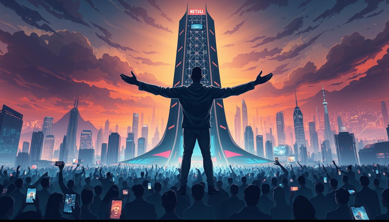 An epic landscape depicting the "Streaming-Service Revolution" - against a backdrop of striking futuristic cityscapes, a magnificent digital tower rises, its sleek facade shimmering with the reflected glow of countless screens. At its base, a crowd of people gathers, their faces illuminated by the warm light of mobile devices, immersed in a world of entertainment, information, and connectivity. The scene is bathed in a soft, ambient light, creating a sense of wonder and anticipation. In the foreground, a central figure stands tall, their arms outstretched, symbolizing the visionary leadership that has ushered in this new era of digital media. Subtle details, such as data streams and digital icons, weave through the composition, reinforcing the technological nature of the revolution.