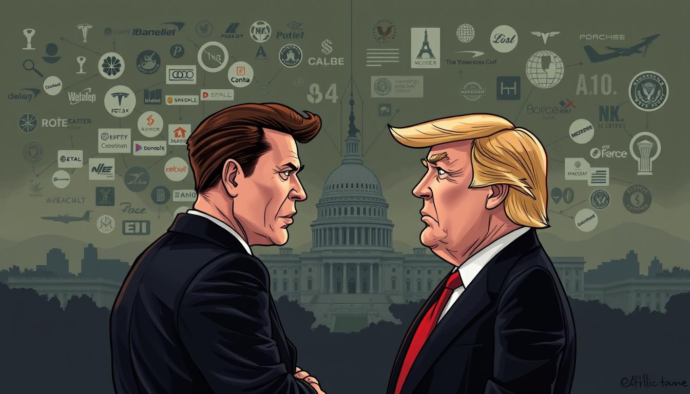 Politische Einflussnahme und Verbindungen zu Donald Trump A high-resolution image depicting the complex web of political connections and influence between Elon Musk and former US President Donald Trump. In the foreground, Musk and Trump are shown in an intense discussion, their body language suggesting a tense, yet powerful relationship. The middle ground features a backdrop of corporate logos, political symbols, and data visualizations, hinting at the intricate financial and ideological ties between the two figures. In the background, a dimly lit Washington D.C. skyline sets the scene, casting an ominous and shadowy atmosphere over the entire composition. The lighting is dramatic, with deep shadows and highlights accentuating the gravity of the situation. The overall tone is one of high-stakes political maneuvering and the blurring of boundaries between business, politics, and power.