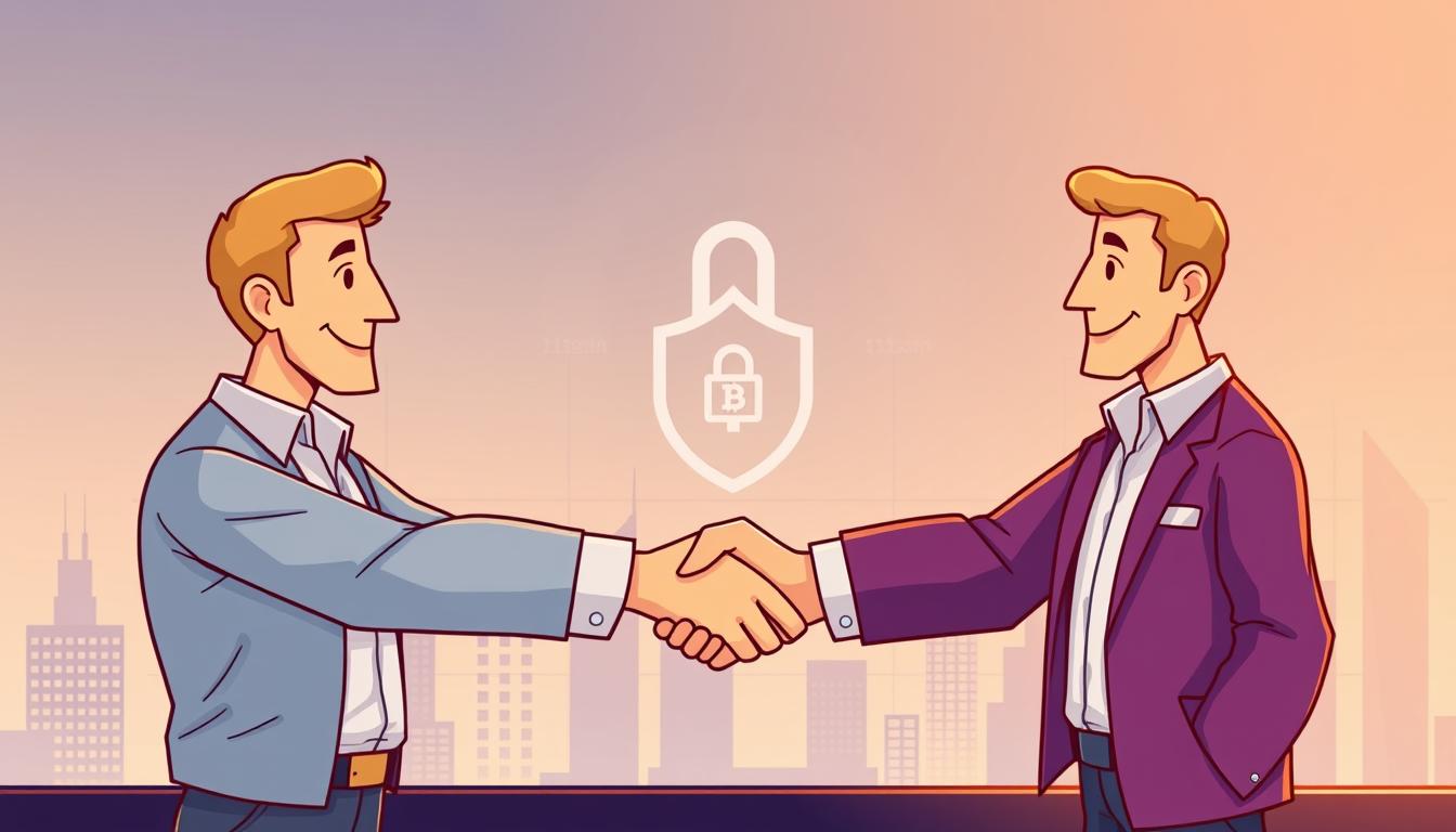 A secure and trustworthy Bitcoin trading platform, with two traders shaking hands in the foreground, conveying a sense of reliable partnership. In the middle ground, a lock icon and shield symbolize the platform's commitment to user safety. The background features a minimalist cityscape, subtly alluding to the digital, global nature of the trading environment. Warm lighting creates a welcoming atmosphere, while the overall composition evokes a feeling of confidence and professionalism.
