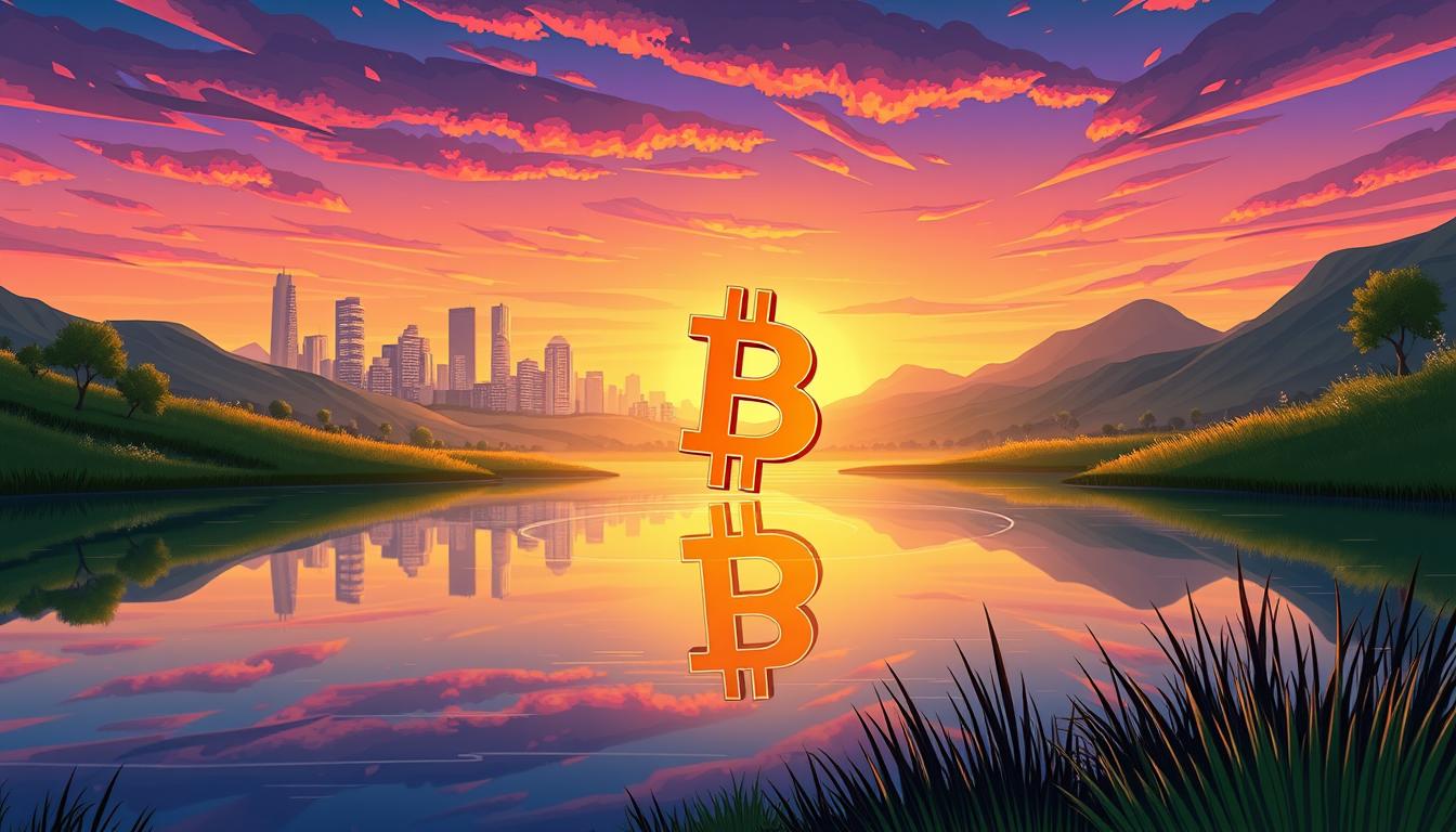 A serene landscape with a futuristic cityscape in the background, bathed in a warm, golden light. In the foreground, a large Bitcoin symbol stands prominently, casting a soft, glowing reflection on the surface of a tranquil lake. The sky is filled with a gradient of vibrant hues, hinting at the potential of Bitcoin's continued growth and prosperity. The overall scene conveys a sense of stability, optimism, and technological advancement, reflecting the future potential of the cryptocurrency.