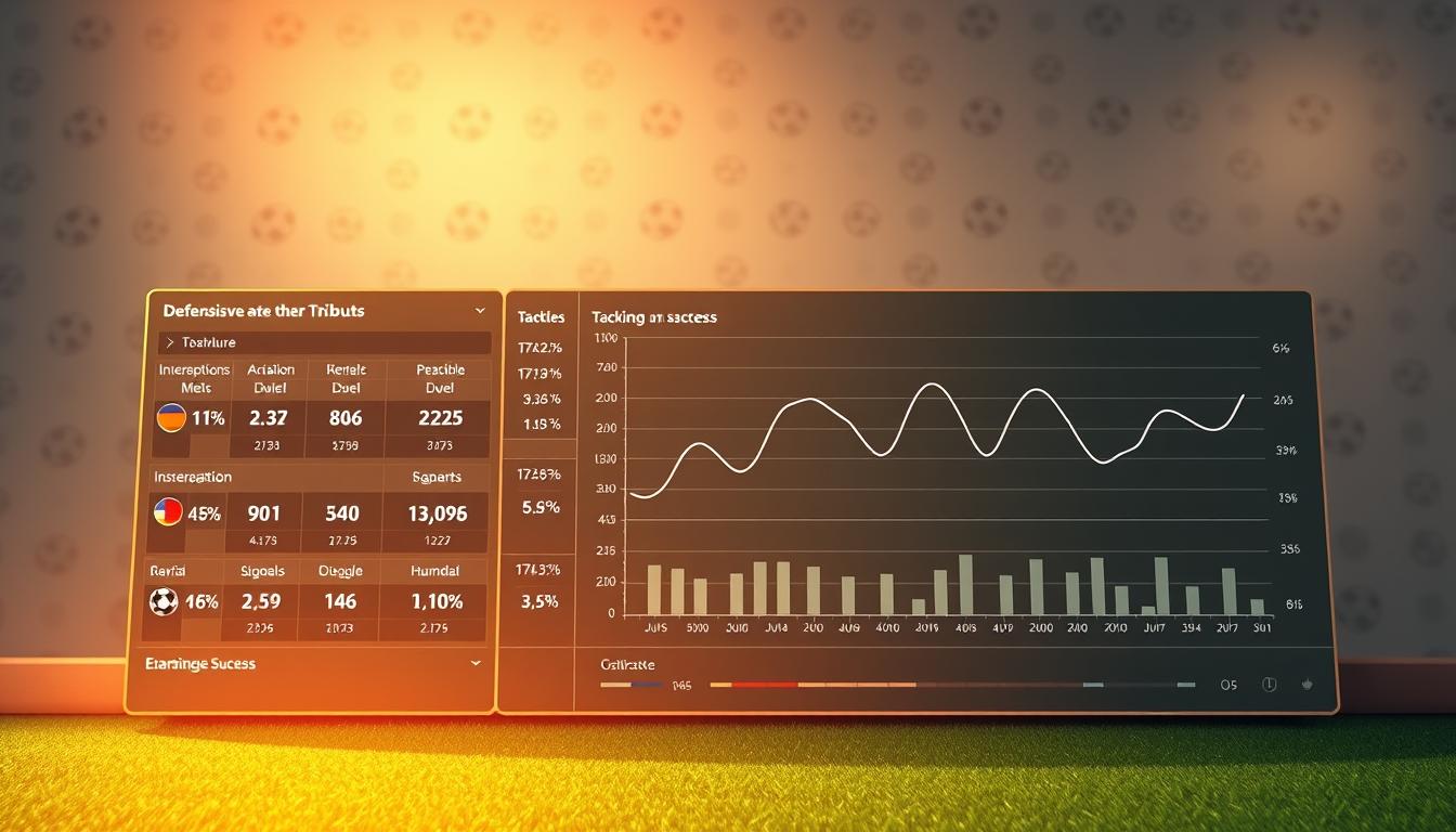 Detailed statistical analysis of defensive player attributes: A high-resolution, photorealistic rendering of a statistical data visualization dashboard. The foreground features an interactive grid of player metrics such as interceptions, aerial duels, and tackling success rates. The middle ground showcases a dynamic line graph plotting defensive performance over time. In the background, a subtle textured wallpaper displays a faint pattern of soccer ball icons. The overall scene is bathed in a warm, focused lighting, with a shallow depth of field to draw the viewer's attention to the key analytical data. The mood is one of analytical rigor and tactical insight, suitable for illustrating an in-depth discussion of a defensive-minded soccer player's capabilities.