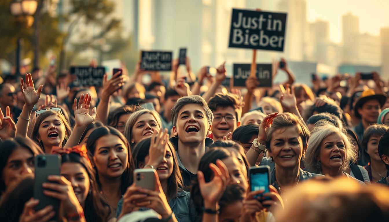 A crowd of animated Justin Bieber fans in a lively outdoor setting, their faces expressing a range of emotions from elation to concern. Warm, diffused lighting creates a dreamlike atmosphere, highlighting the diversity of reactions - some fans cheering joyfully, others appearing pensive and worried. The middle ground is filled with a sea of upraised hands, phones, and signs, while the background blurs into a hazy urban landscape. The overall composition conveys a sense of the passionate, yet complex relationship between the pop icon and his devoted followers.