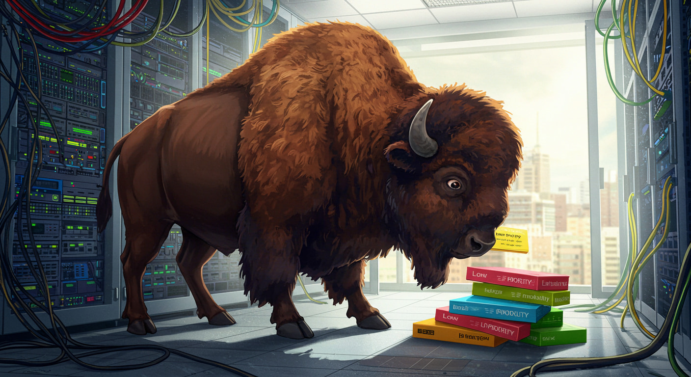 Illustration of a bison fetching a script module with low priority in order to run faster. The bison is in a data center looking at a stack of blocks which have low priority on the side.