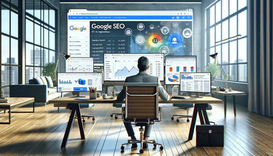 Google Traffic Hack-A busy entrepreneur sitting at a modern, clutter-free workspace, surrounded by multiple screens displaying analytics, SEO tools, and a visible Google Page