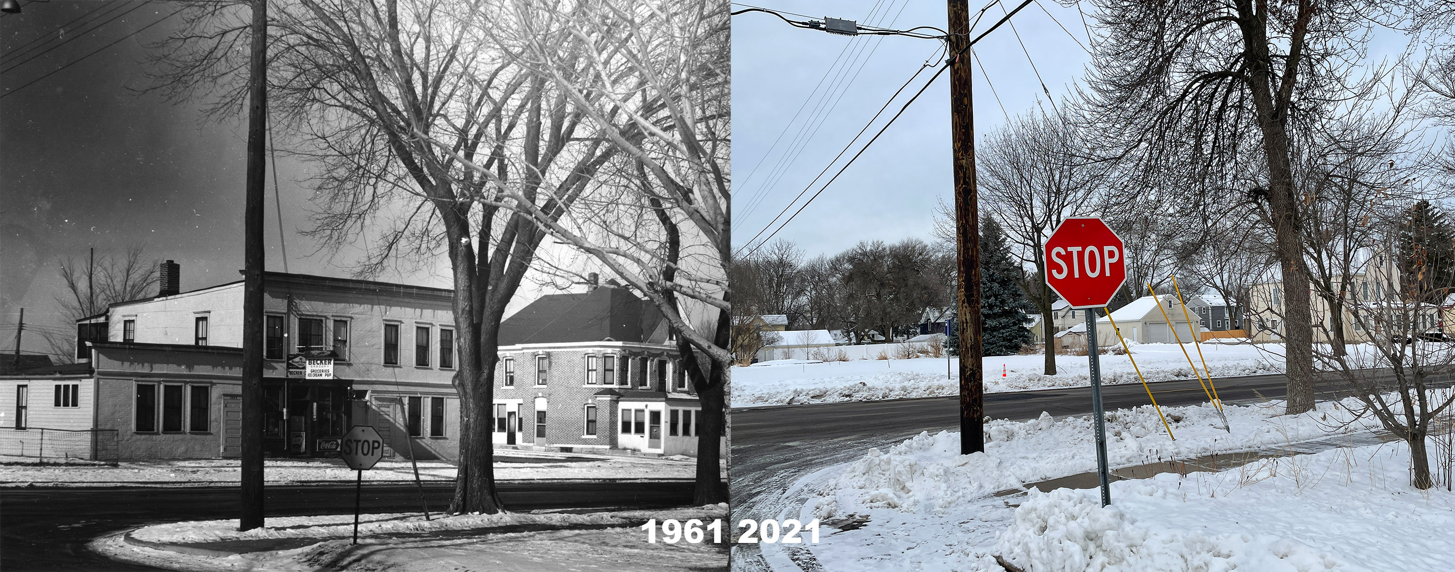 Anton Meyer building in 1961 and the same corner in 2021