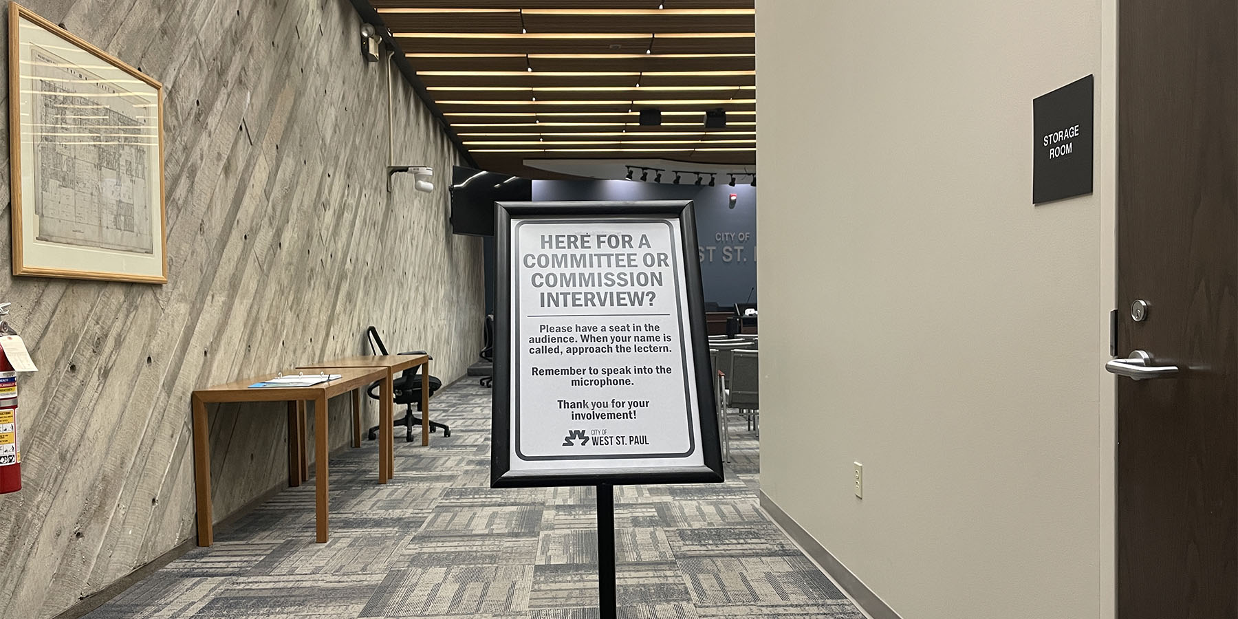 Sign with instructions for committee interviews.