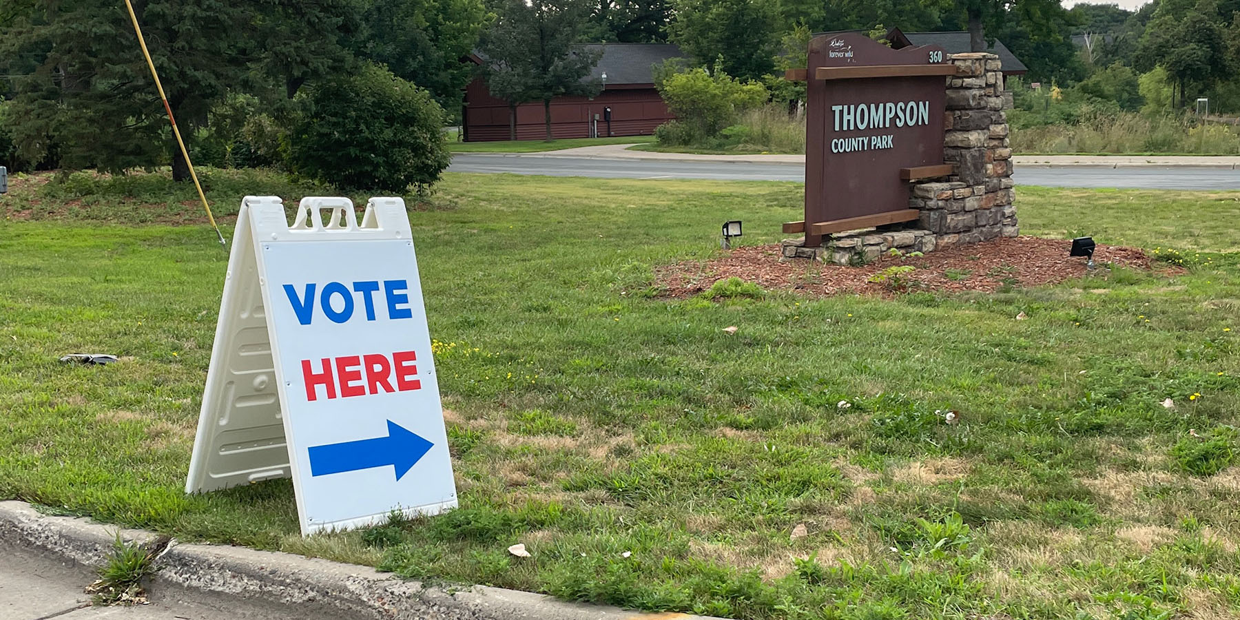 'Vote Here' sign at Thompson Park in West St. Paul.