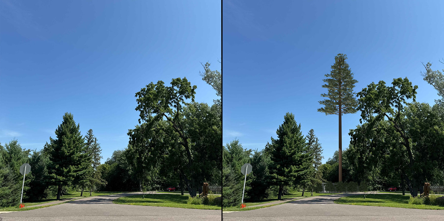 Comparative views showing Wentworth Park with and without the proposed cell phone tower.