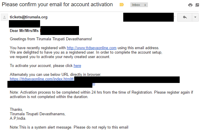 This email is crucial for the user since it contains a link . Guide to TTD Tirumala Darshan Tickets Booking Online New Website