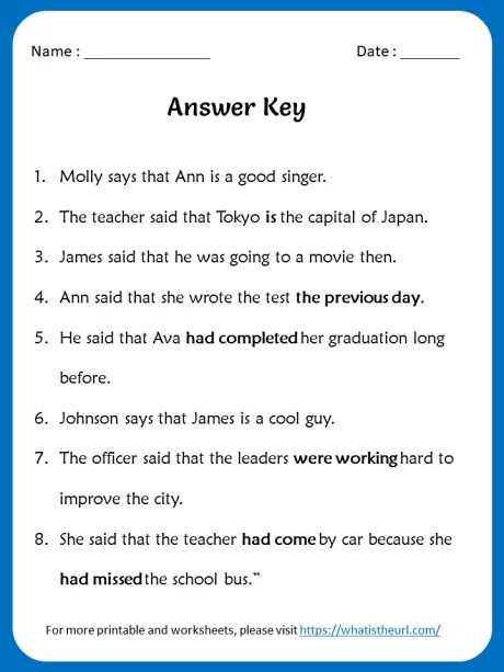 answer key 1 reported speech worksheet 1 th your home teacher