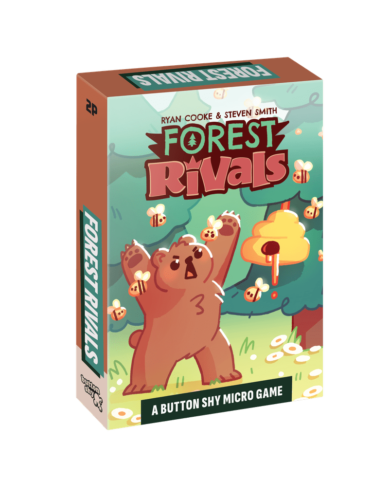 Box cover of the game 'Forest Rivals' featuring a cheerful cartoon bear surrounded by bees and flowers, with a vibrant forest background.