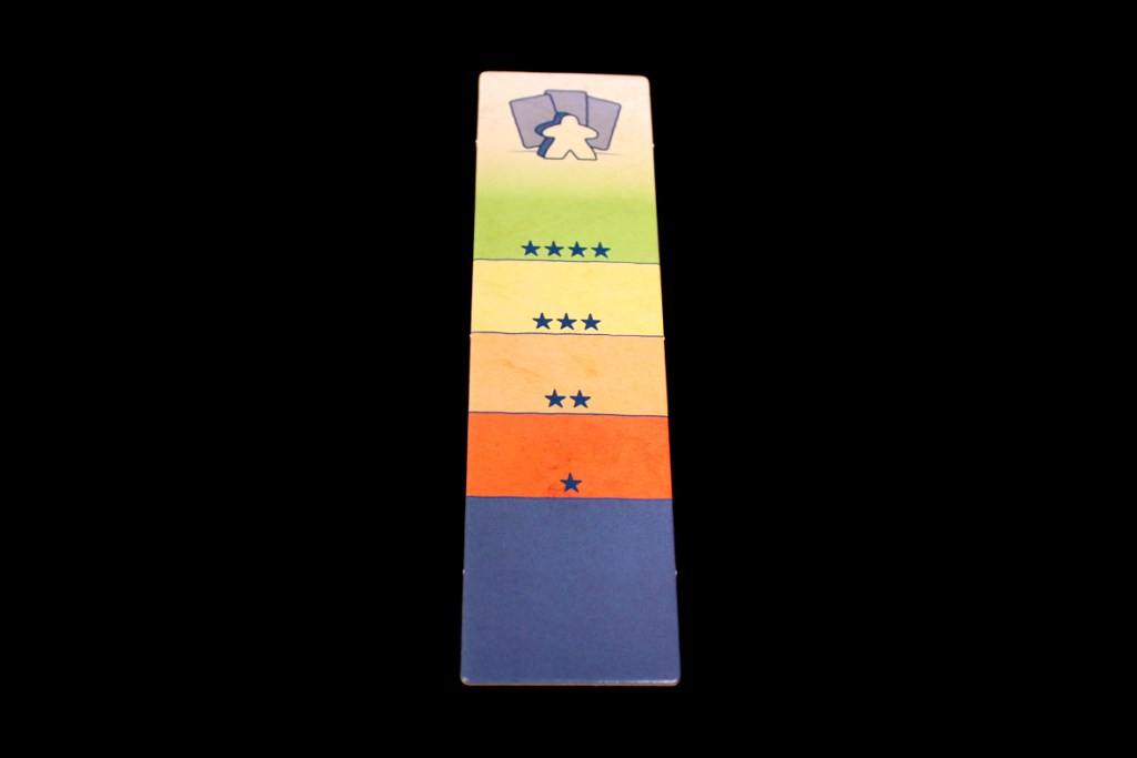 A colorful board game score tracker with five horizontal sections in gradient colors, featuring star icons for scoring.