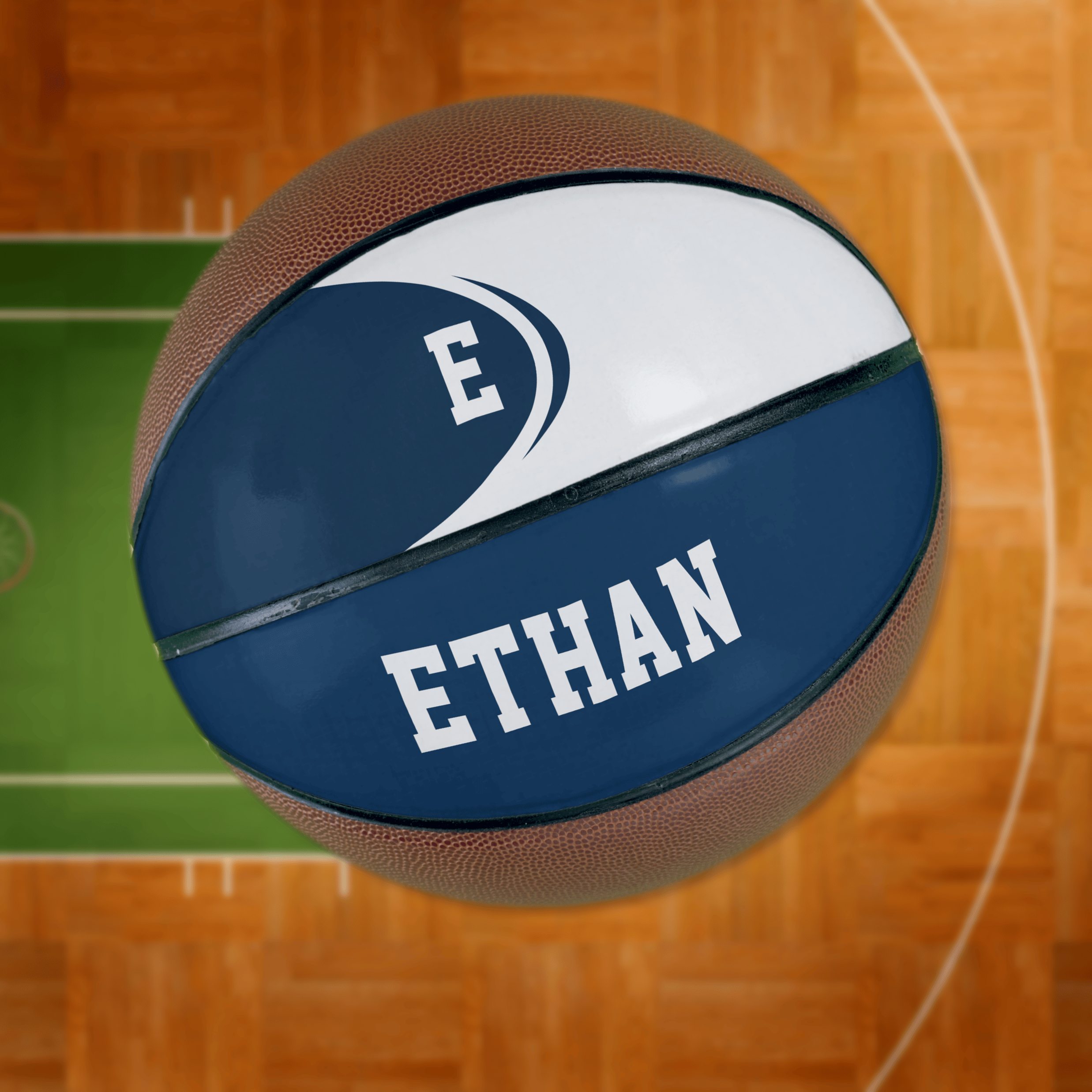 Personalized basketball featuring sporty blue and white colors. With customizable text, this full-size custom basketball is perfect for adding your name.