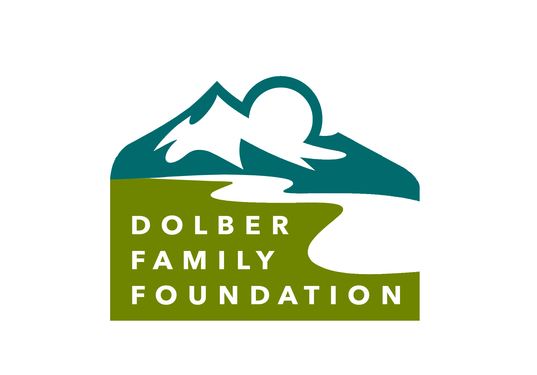 "A logo for the Dolber Family Foundation featuring a stylized landscape design. The upper portion showcases a dark green mountain range with a white snowcap and a circular sun or moon rising behind it. Below, a winding white river flows through a green field, where the foundation's name, 'DOLBER FAMILY FOUNDATION,' is written in bold, white uppercase letters. The design conveys a sense of nature, community, and sustainability.