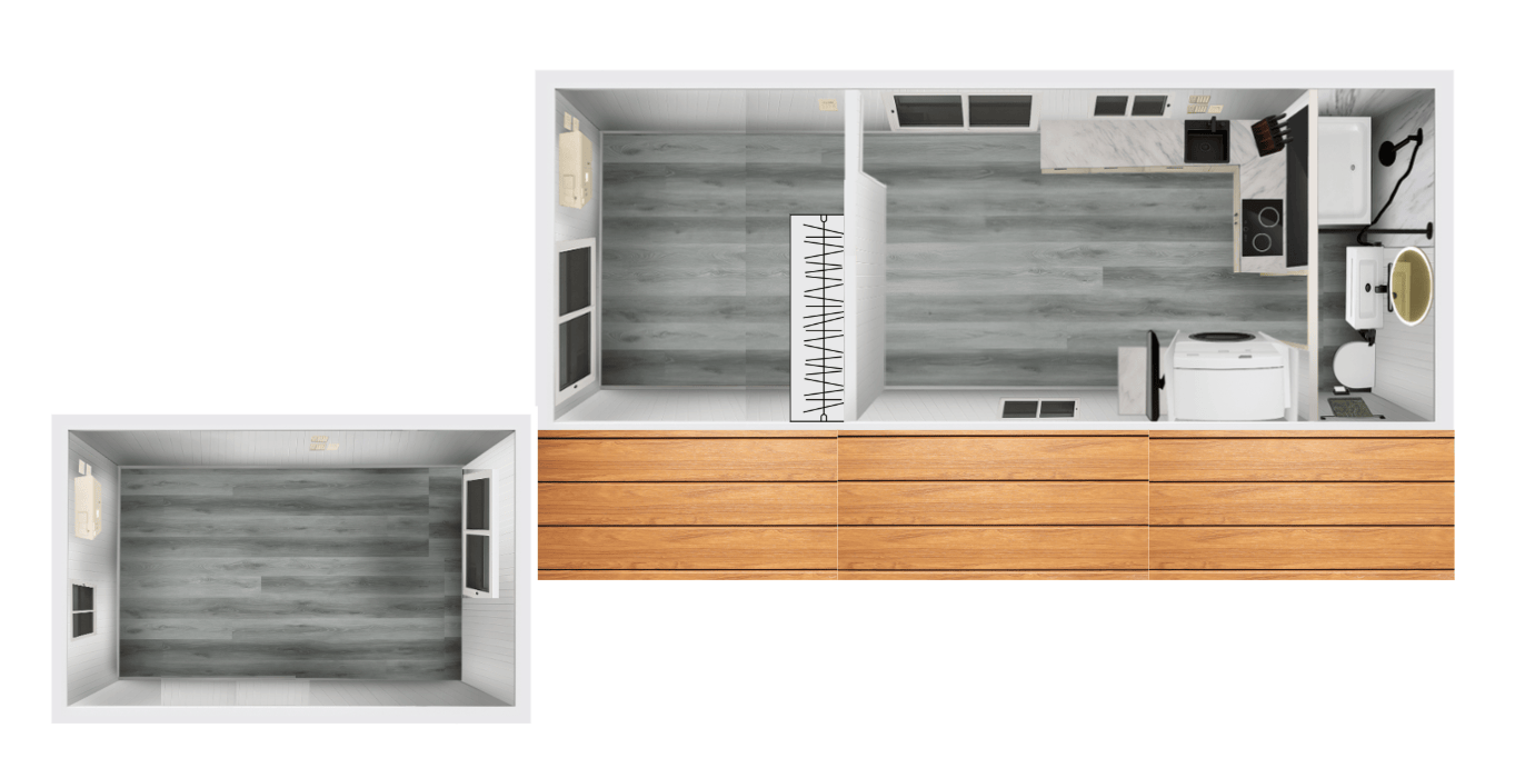 Includes: Bathroom with composting toilet, instant hot water system, marble shower wall upgrade, LED mirror, fridge/freezer with washing machine/dryer cabinet combo, fold down desk, TV, large kitchen with electric stove top, bedroom wardrobe & slide-out deck