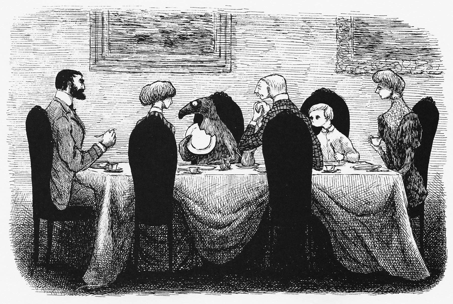 an odd creature eats a plate at a table of gentry 