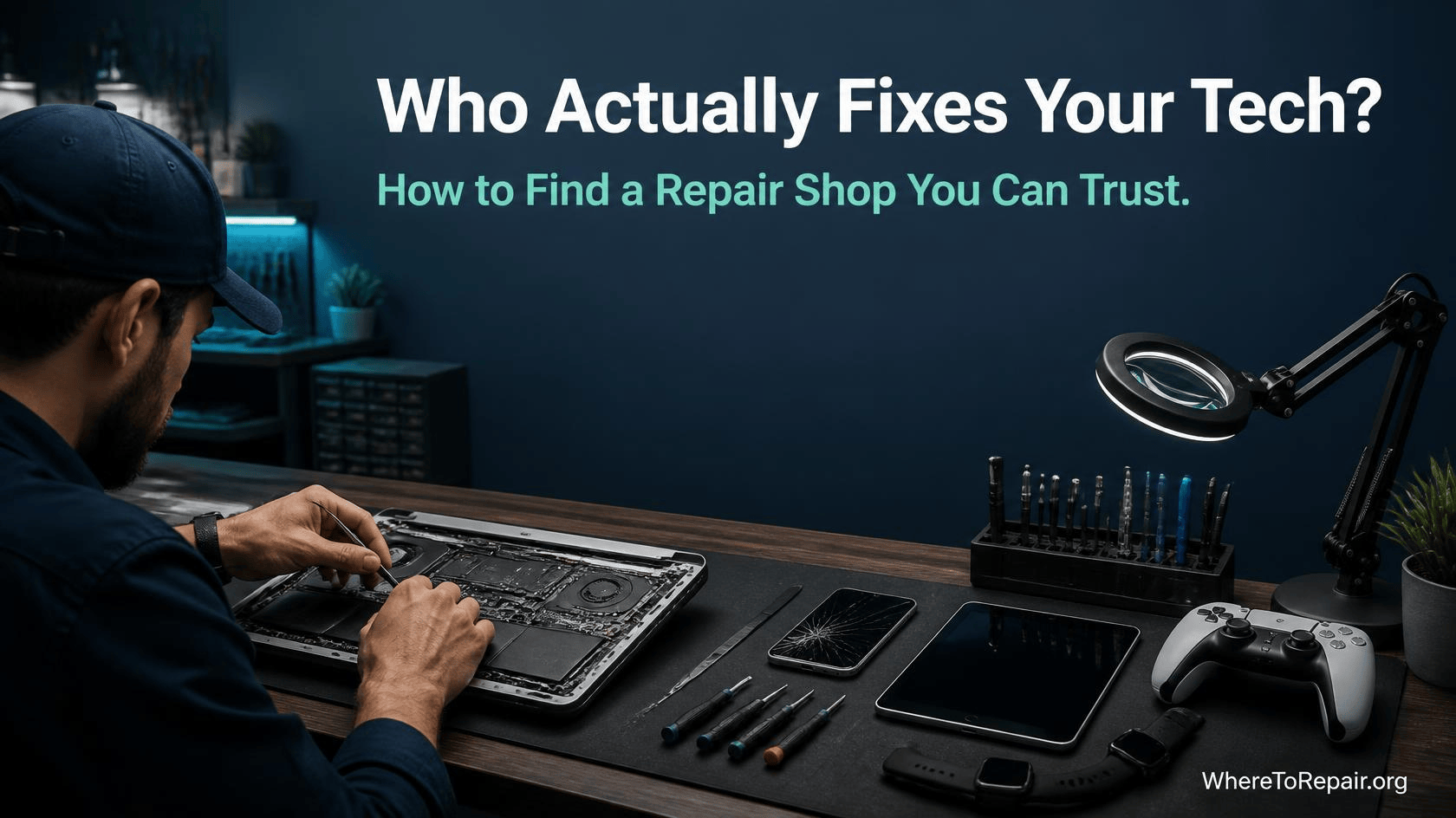 Tech repair technician fixing an open laptop at an independent repair shop with a cracked smartphone, tablet, smartwatch and game controller on the workbench.