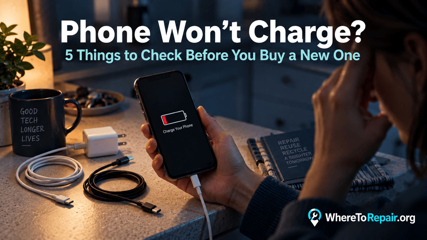 Phone won’t charge despite being plugged in, showing a low battery warning with charging cables nearby.